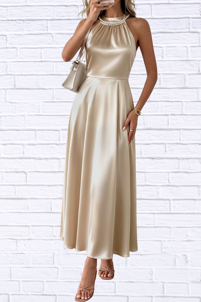 Pearl Halter Satin Midi Dress