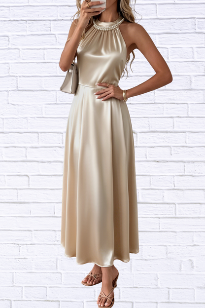 Pearl Halter Satin Midi Dress