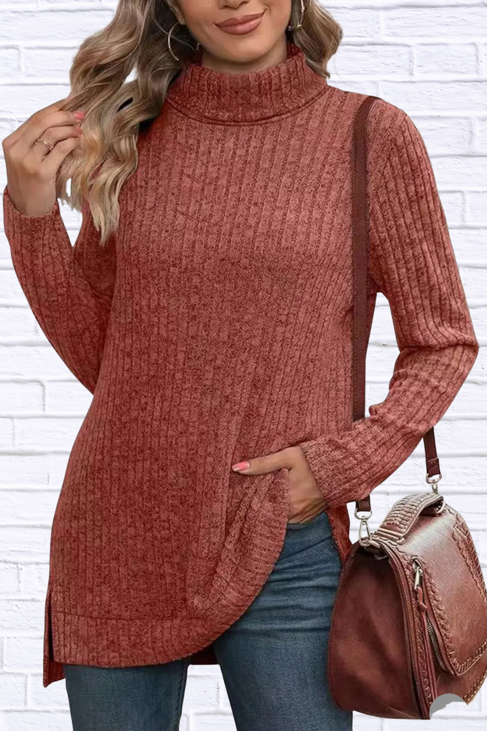 Turtleneck High Low Top Red Orange M