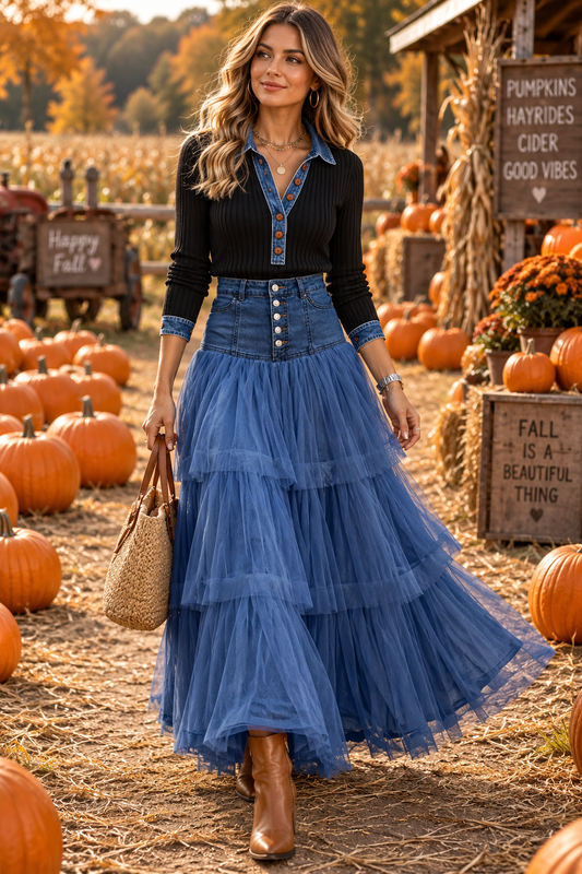 High-Waisted Button-Front Denim and Tulle Maxi Skirt