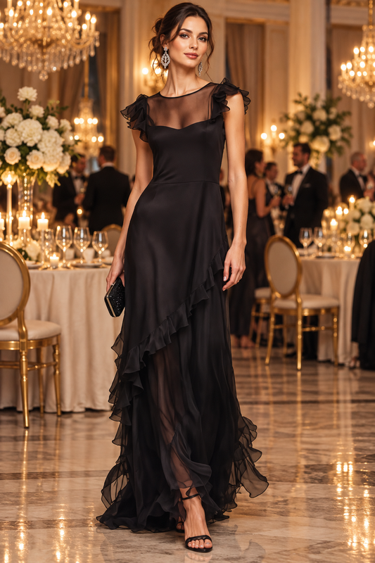 Sheer Ruffle Trim Maxi Dress | Black