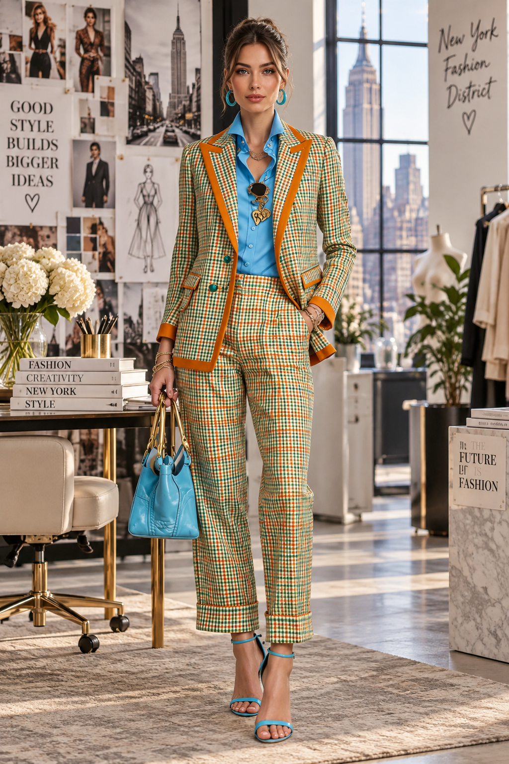 Women's Plaid Blazer and Pants Suit Set
