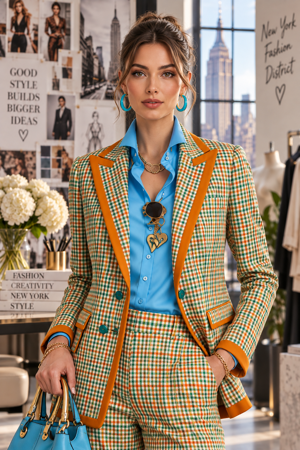 Women's Plaid Blazer and Pants Suit Set