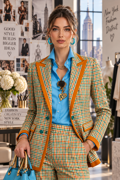 Women's Plaid Blazer and Pants Suit Set