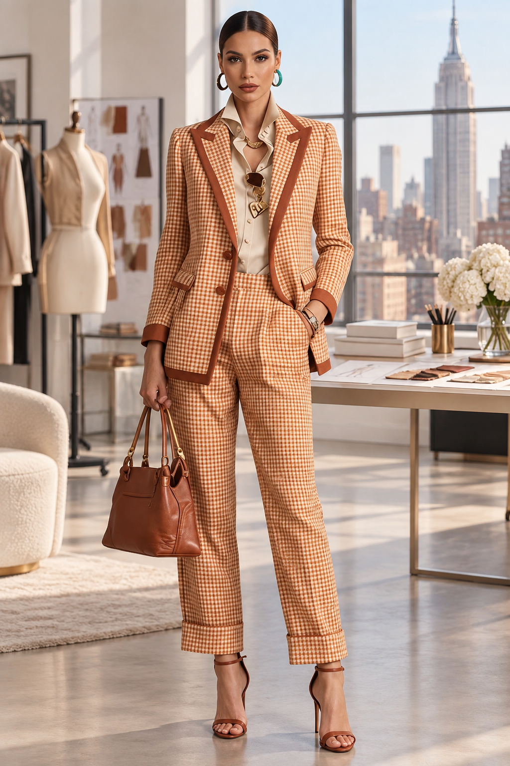 Women's Plaid Blazer and Pants Suit Set