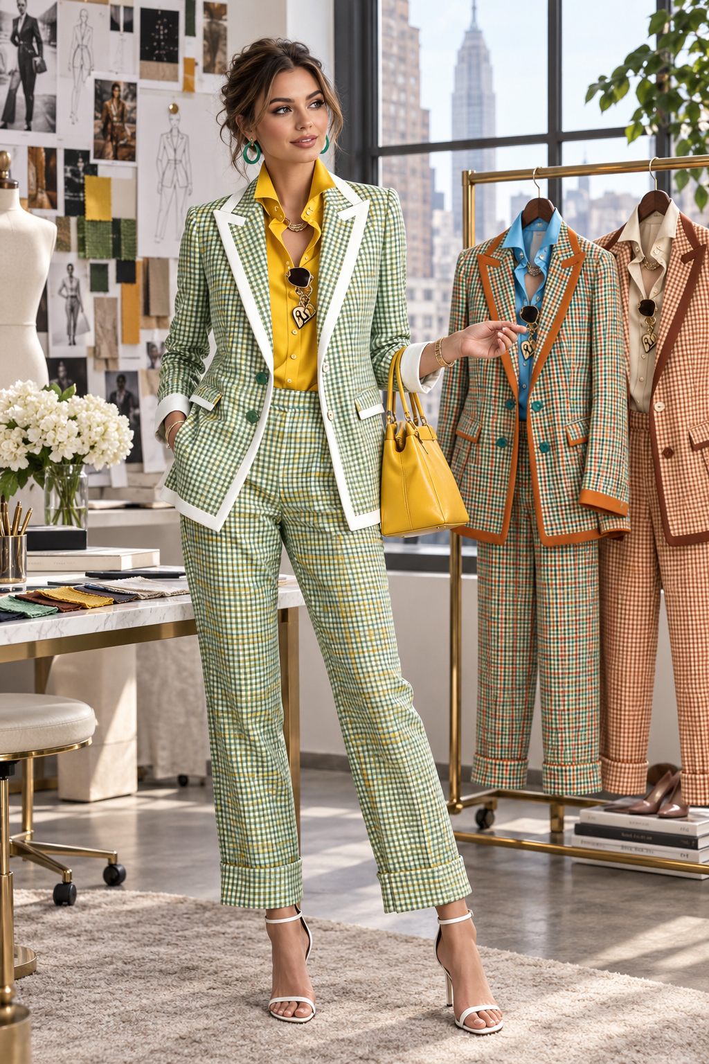 Women's Plaid Blazer and Pants Suit Set