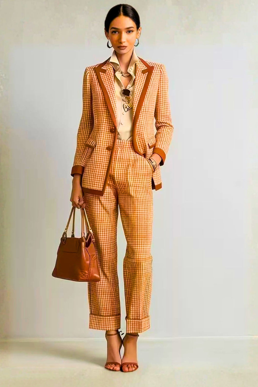 Women's Plaid Blazer and Pants Suit Set