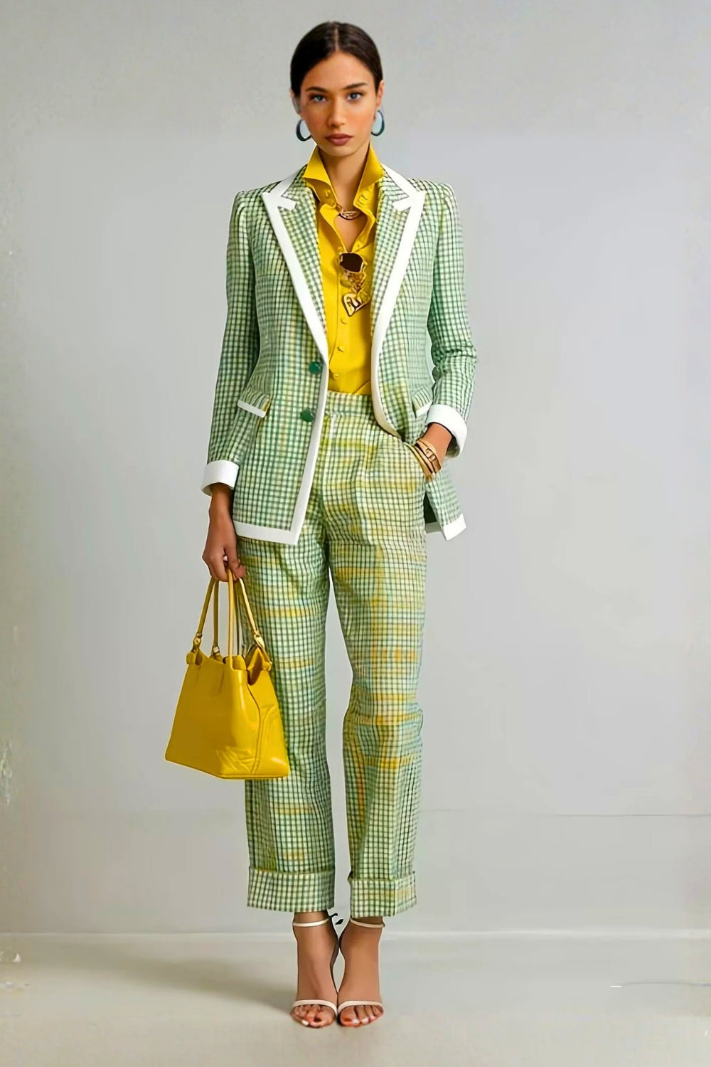 Women's Plaid Blazer and Pants Suit Set