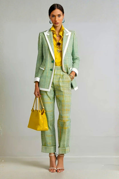 Women's Plaid Blazer and Pants Suit Set