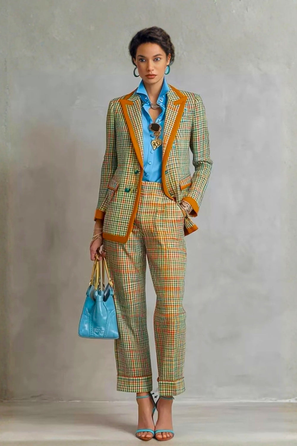 Women's Plaid Blazer and Pants Suit Set