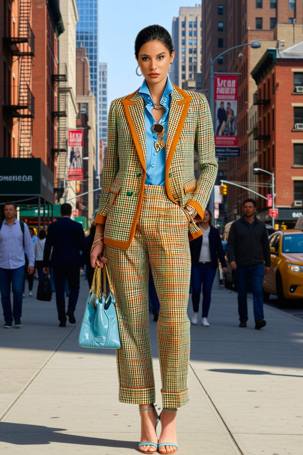 Women's Plaid Blazer and Pants Suit Set