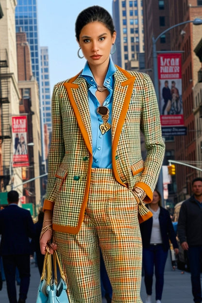 Women's Plaid Blazer and Pants Suit Set
