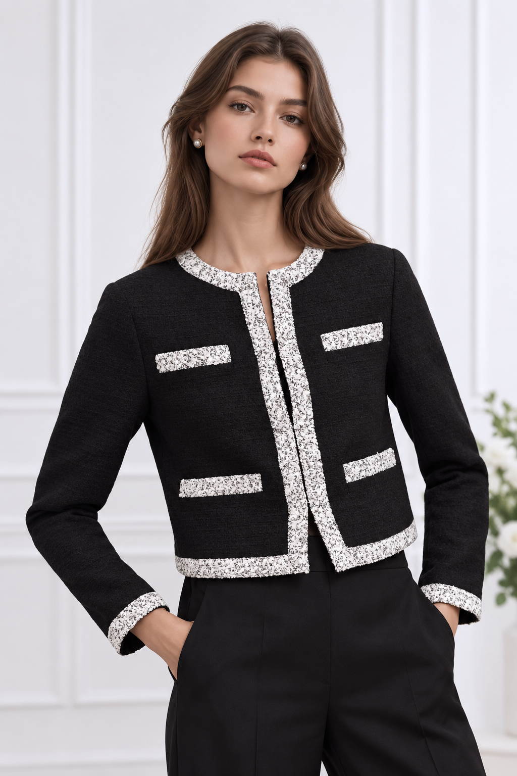 Tweed Trim Open Front Outerwear for Women
