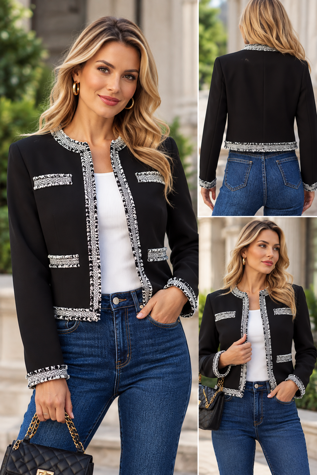 Tweed Trim Open Front Outerwear for Women