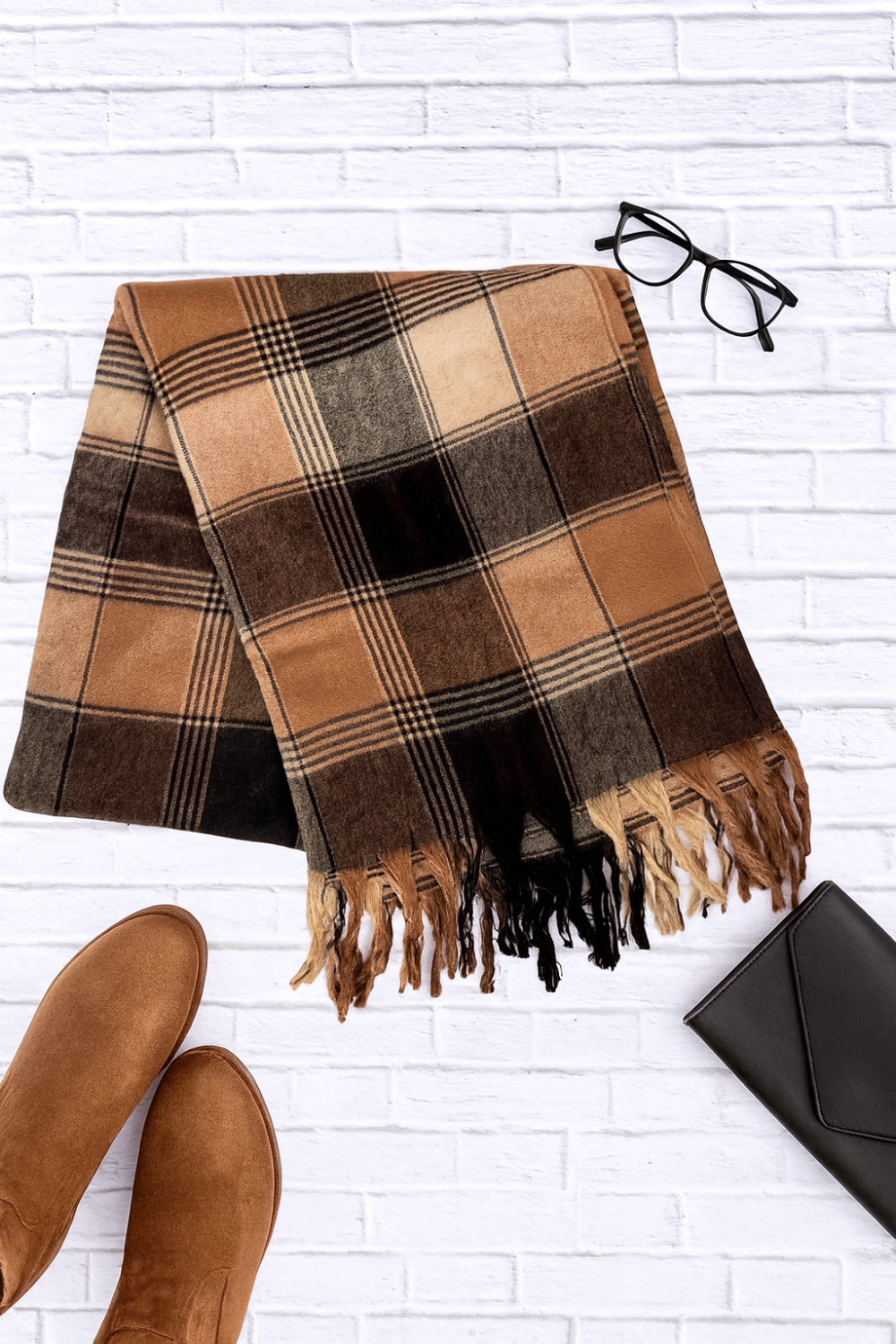 Oversized Flannel Tassel Scarf brown and Beige large