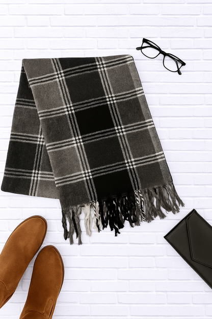Oversized Flannel Tassel Scarf Black and Grey large