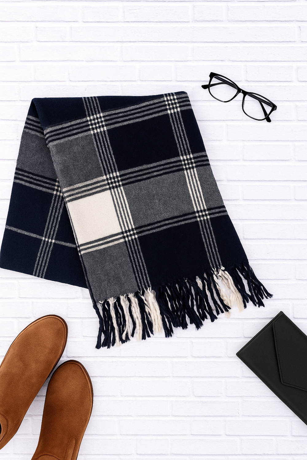 Oversized Flannel Tassel Scarf Navy Cream large