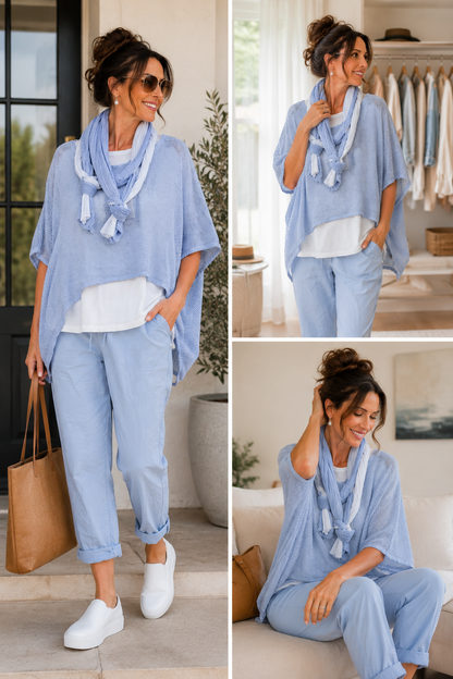 Womens Waffle Knit Layered Top & Scarf Set | Fashion
