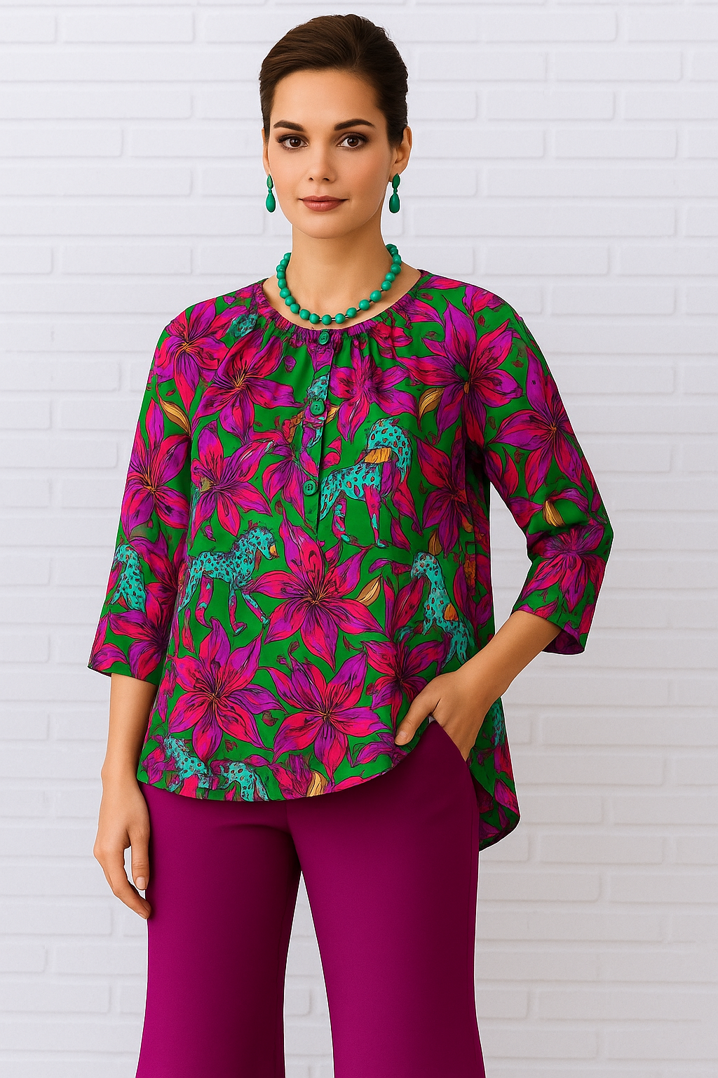 Diva USA Round Neck Button Up Three Quarter Sleeve Knit Top Floral Cheetah Print