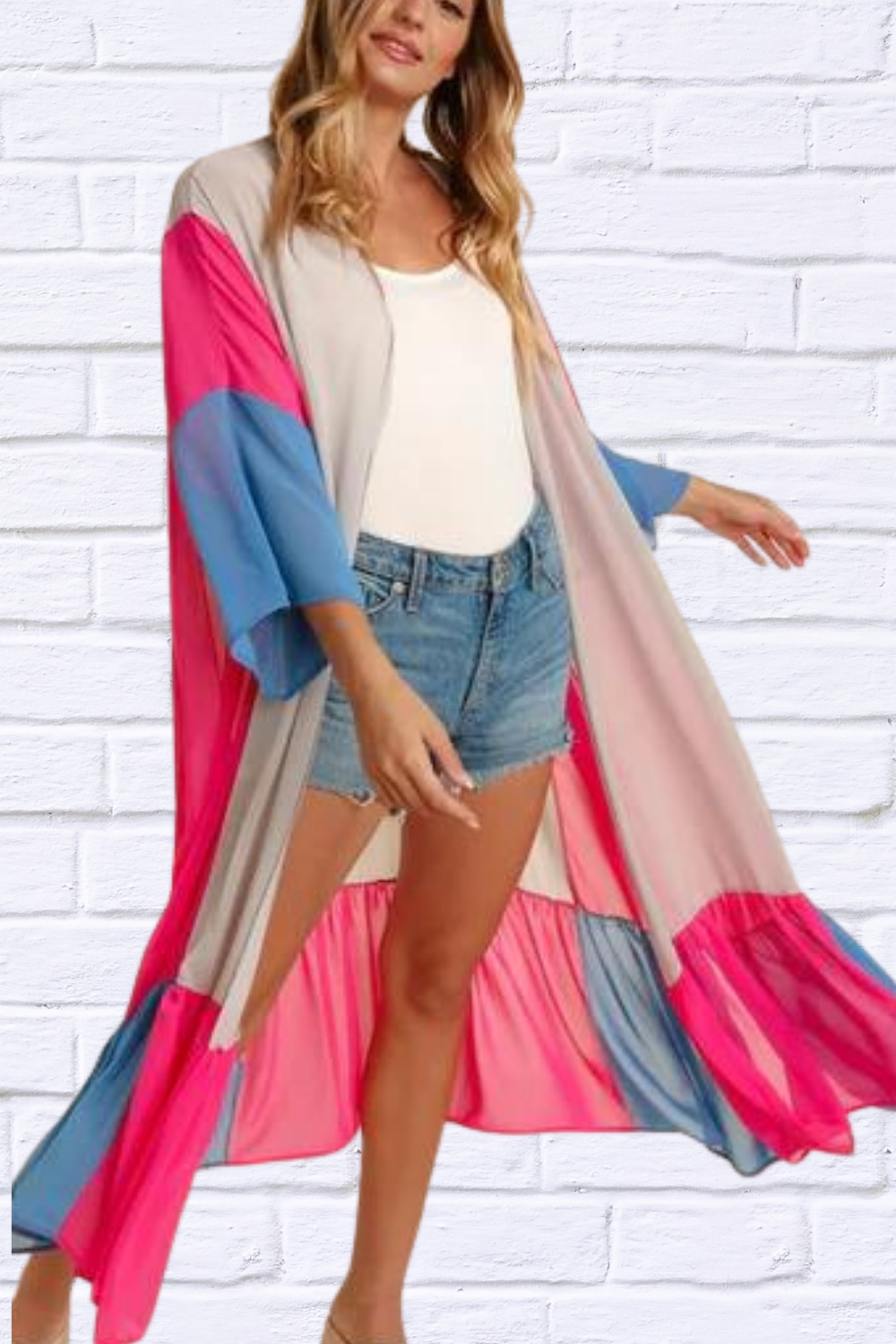 PLUS COLOR BLOCK KIMONO MAXI OPEN CARDIGAN TAUPE FUCHSIA BLUE 3X