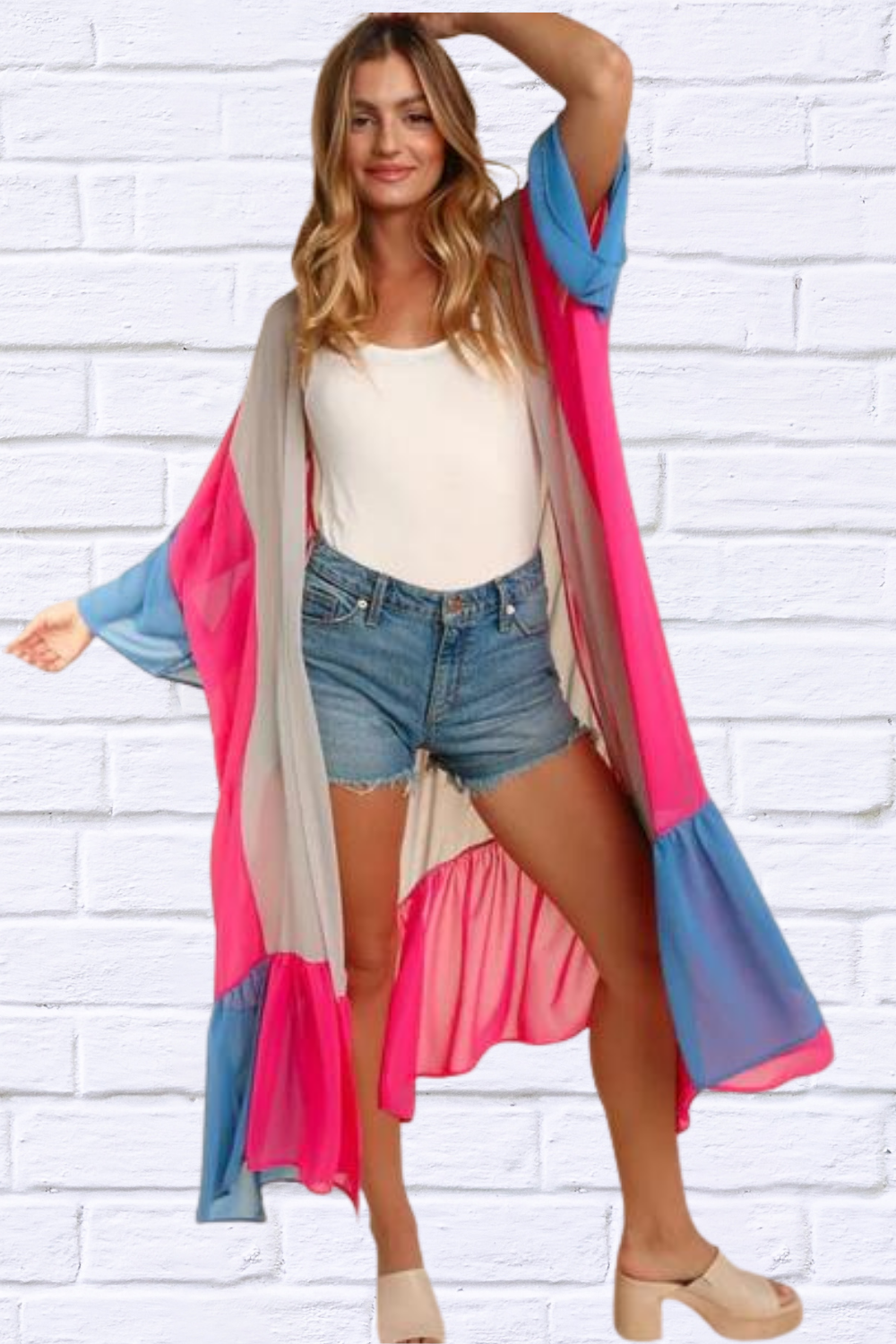 PLUS COLOR BLOCK KIMONO MAXI OPEN CARDIGAN TAUPE FUCHSIA BLUE 1X