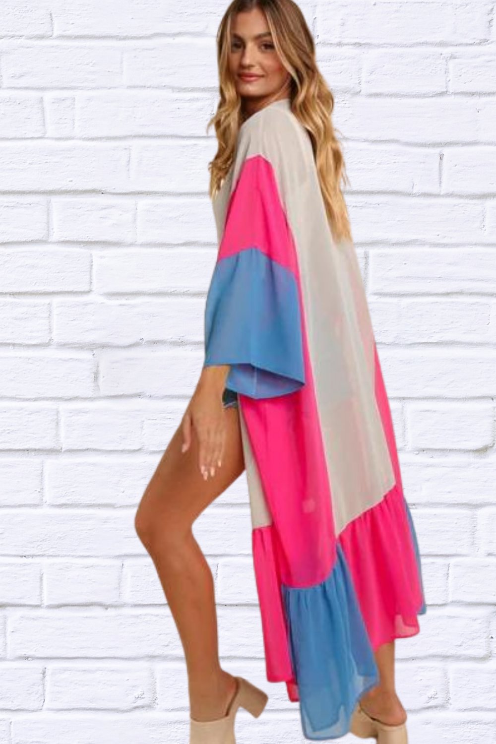PLUS COLOR BLOCK KIMONO MAXI OPEN CARDIGAN TAUPE FUCHSIA BLUE 2X