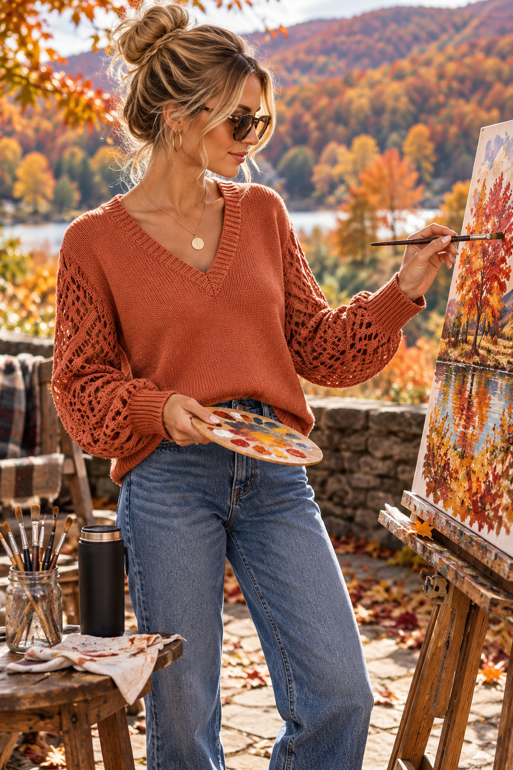 Full Size V-Neck Hollow-Out Long Sleeve Sweater Plus Size