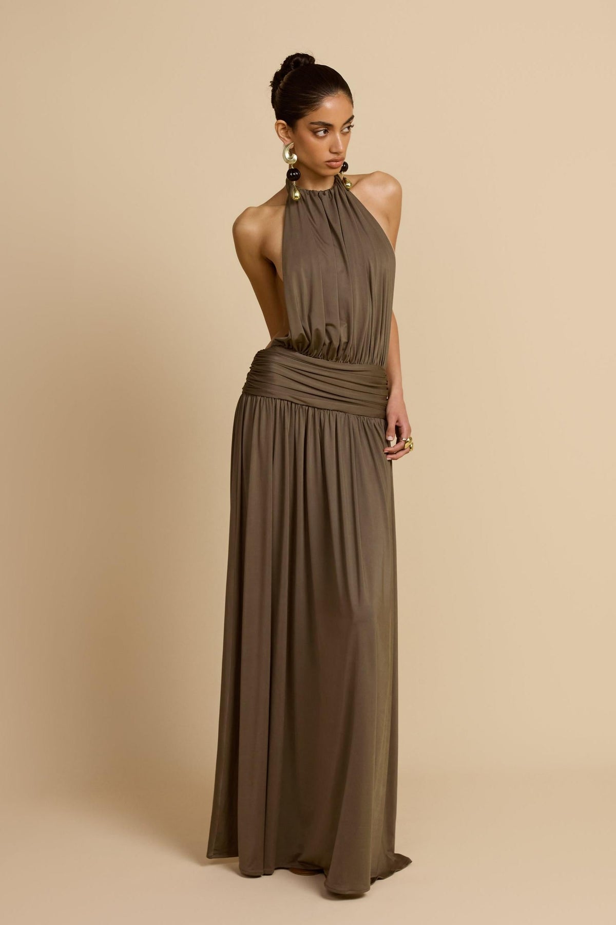 Halter Neck Backless Gathering Maxi Dress