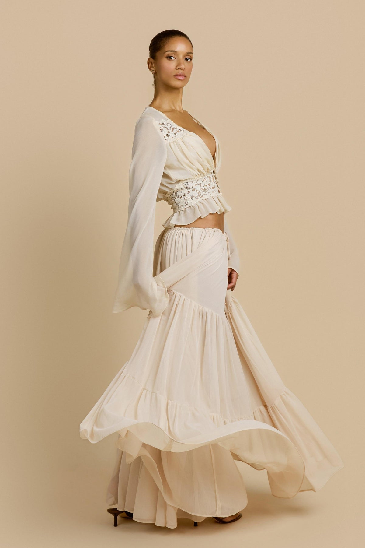 Lace Button Top & Mid Waist Maxi Skirt Set