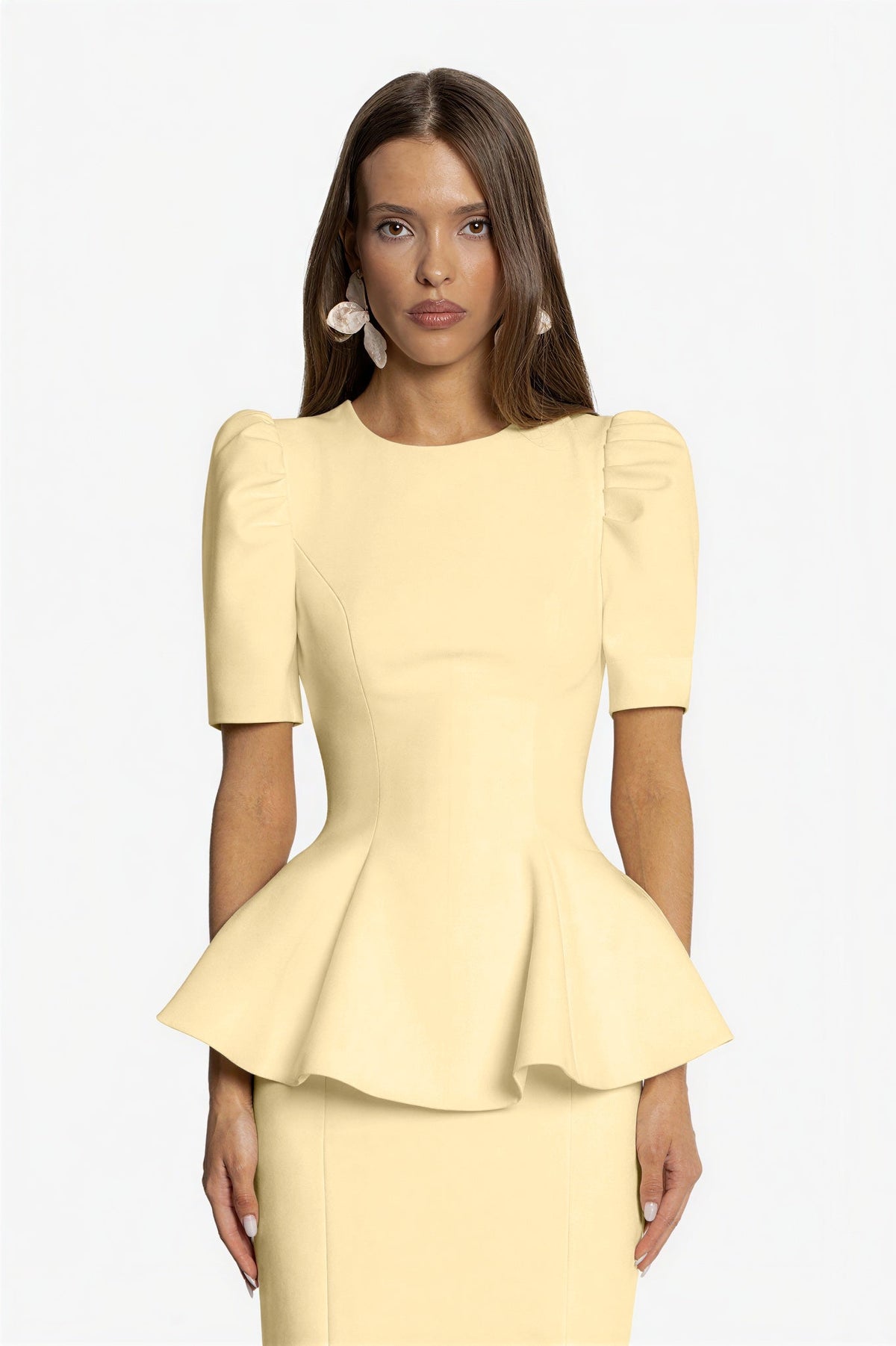 Round Neck Puff Sleeve Top & High Waist Midi Skirt Set