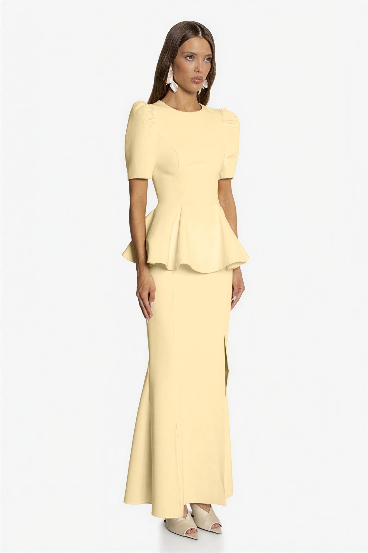 Round Neck Puff Sleeve Top & High Waist Midi Skirt Set