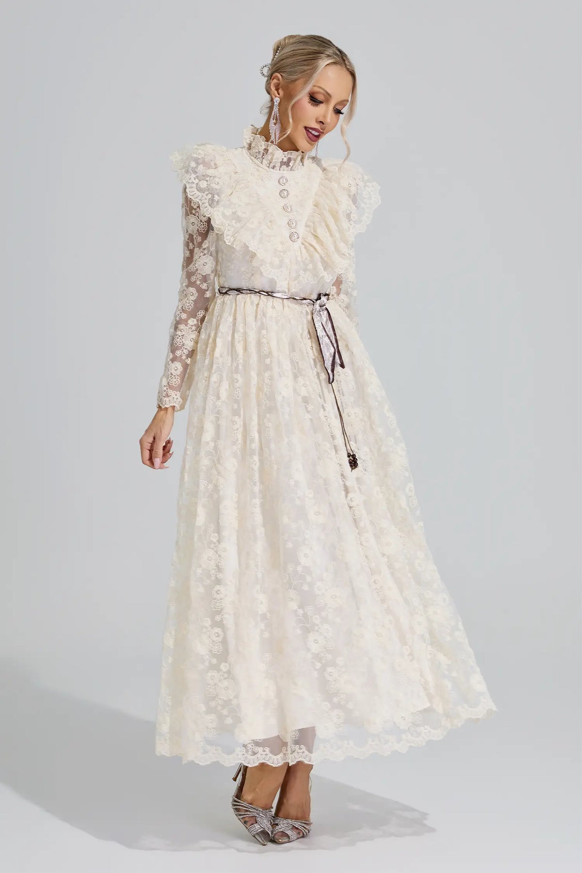 Leah Apricot Stand Collar Lace Dress