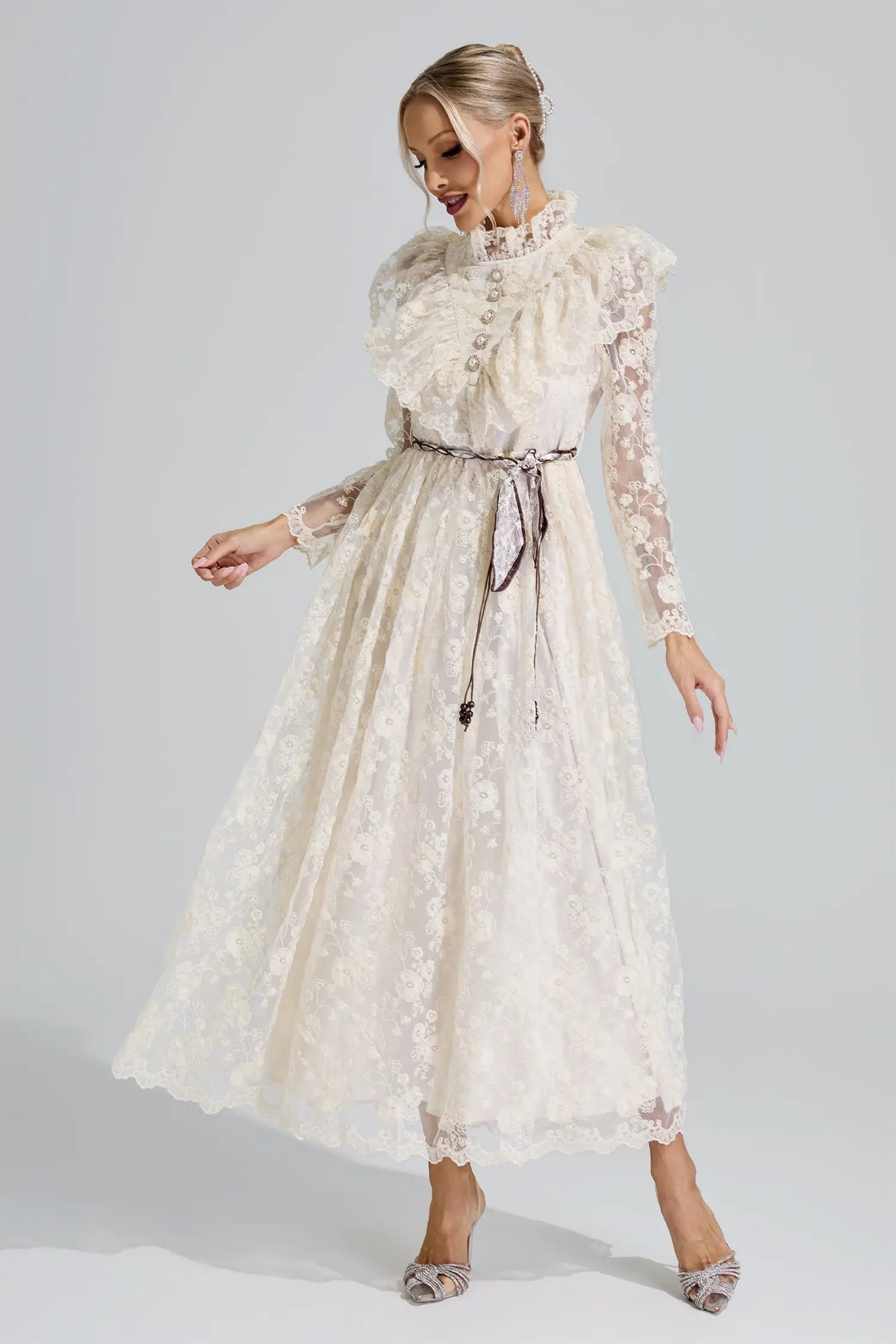 Leah Apricot Stand Collar Lace Dress