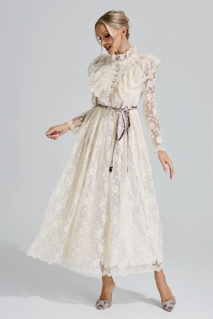 Leah Apricot Stand Collar Lace Dress