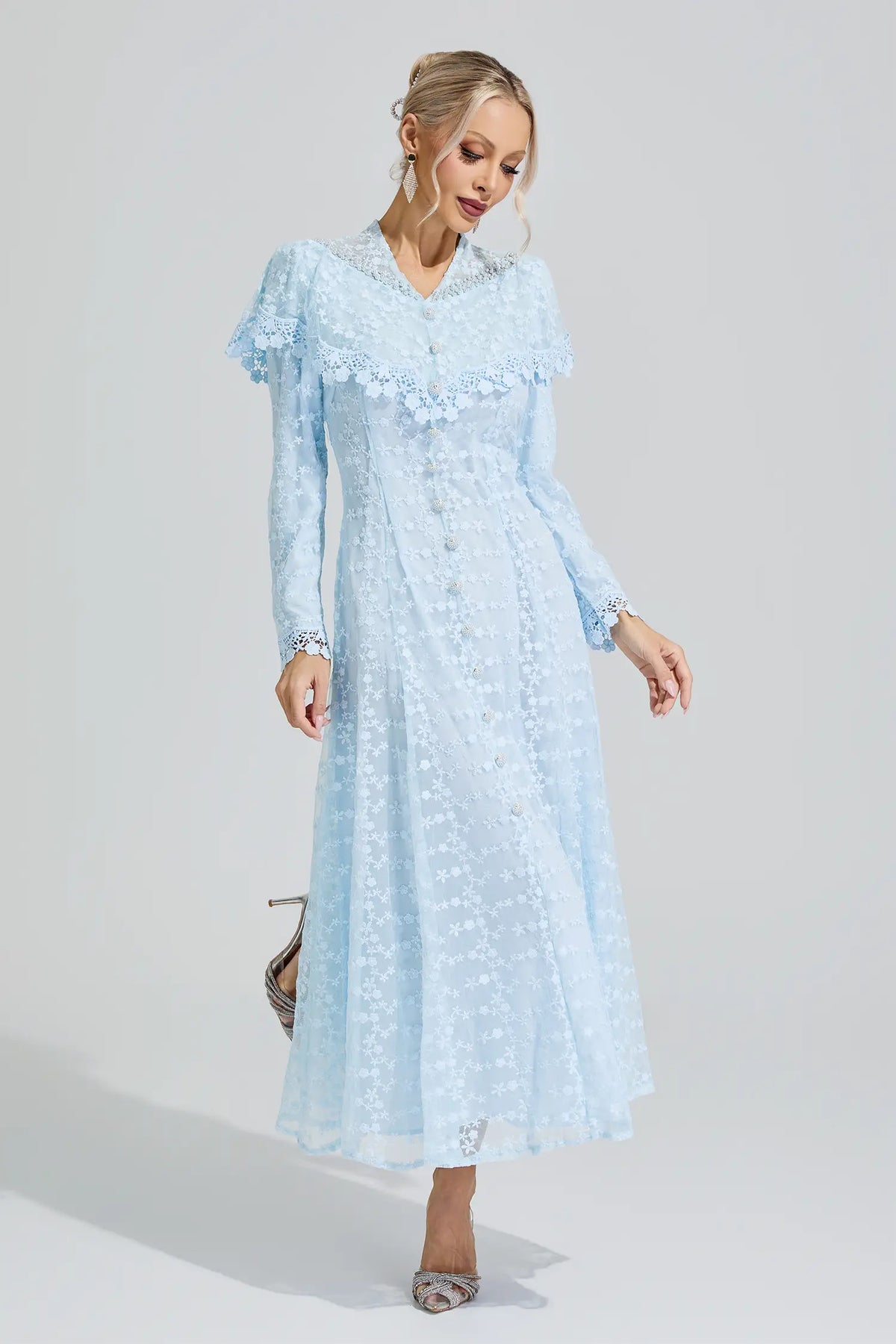 Martha Blue Embroidery Lace Dress