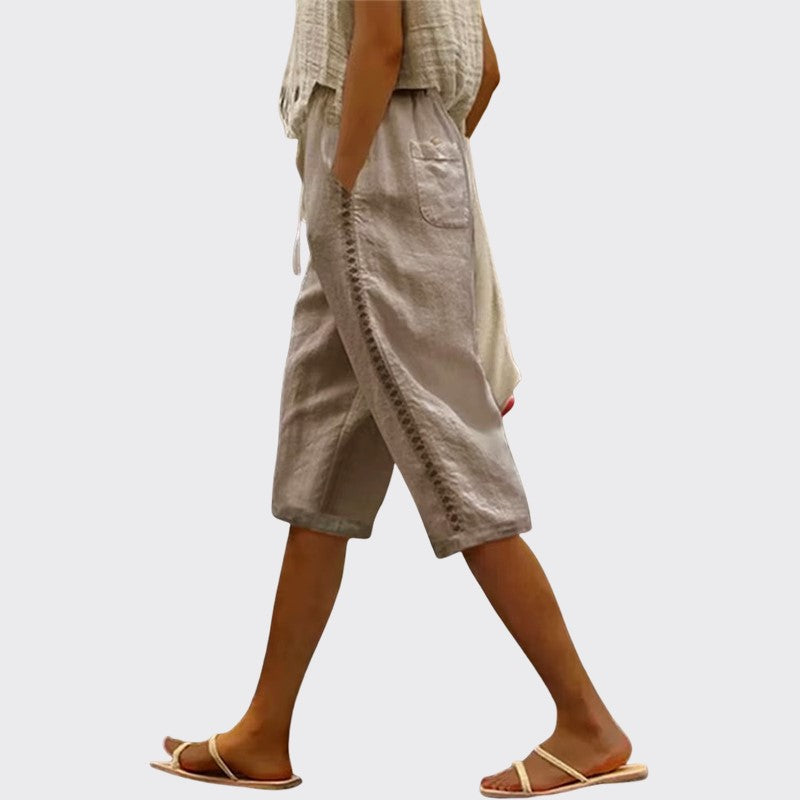 Michelle - Women's Lace Trim Drawstring Linen Shorts