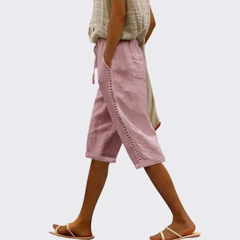 Michelle - Women's Lace Trim Drawstring Linen Shorts