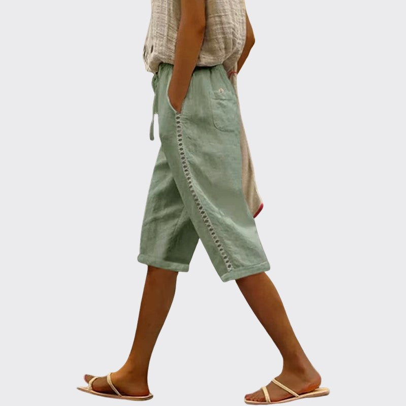 Michelle - Women's Lace Trim Drawstring Linen Shorts