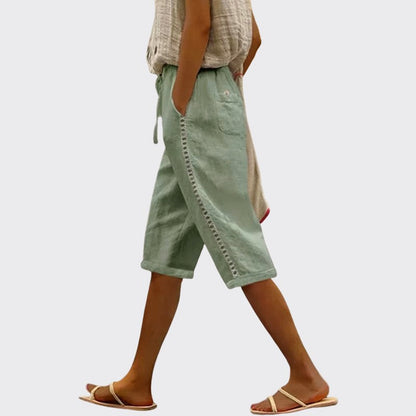 Michelle - Women's Lace Trim Drawstring Linen Shorts
