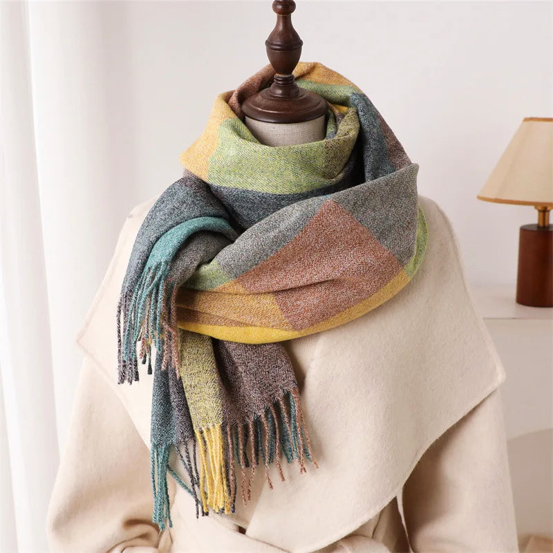 Multicolor Plaid Scarf with Fringe Ends