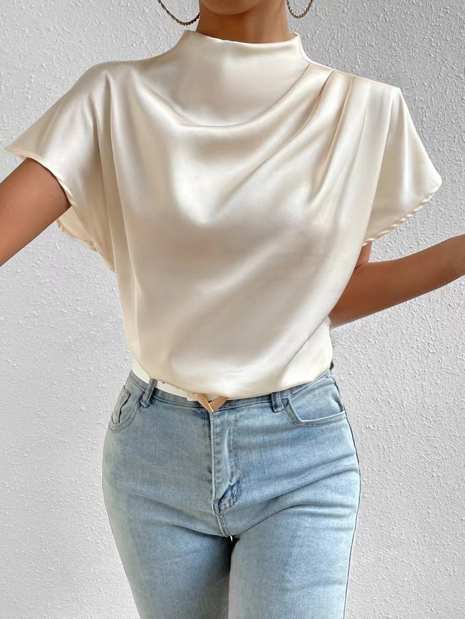 Round Neck Short Sleeve Pleated Top White