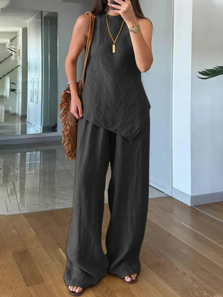 Irregular sleeveless casual two-piece set Black