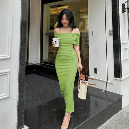 Spring Off Shoulder Pleated Dress Slim Fit Slimming Slit Bottoming Formal Dress Light Green