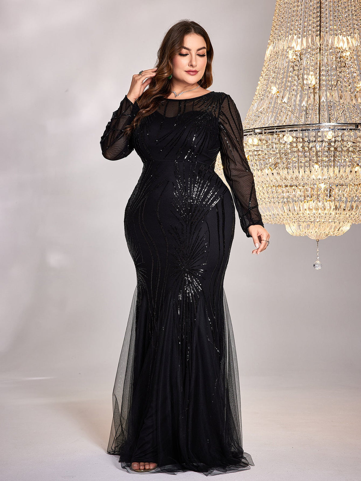 Plus Size Dress Long Sleeve Round Neck Bridesmaid Cocktail Evening Dress Navy Blue