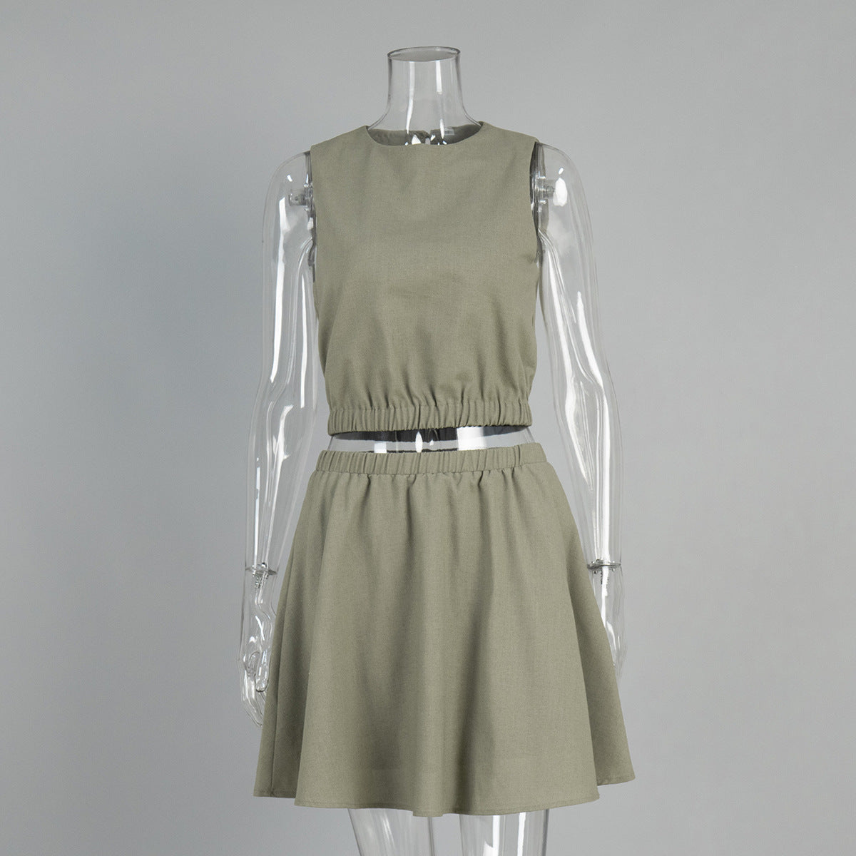 Round Neck Vest Pleated Skirt Spring Summer Cotton Linen Comfortable Short Skirt Casual Two Piece Sets Women Khaki