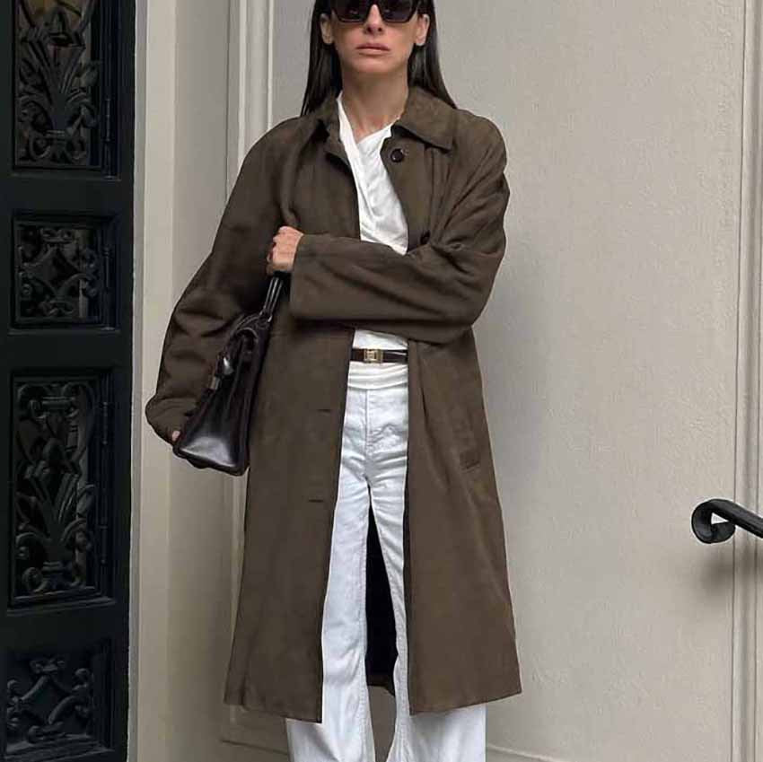 Brown Suede Long Sleeve Long Coat Brown