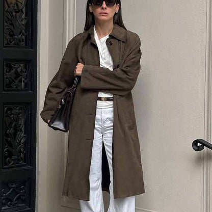 Brown Suede Long Sleeve Long Coat Brown