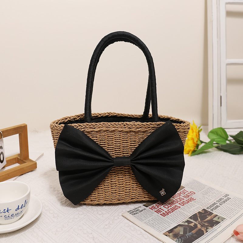 Mori Bow Straw Bag Hand Woven Rattan One Size Paper String Bow Coffee