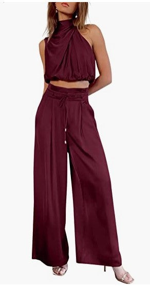 Sleeveless Collar Two Piece Sets Burgundy