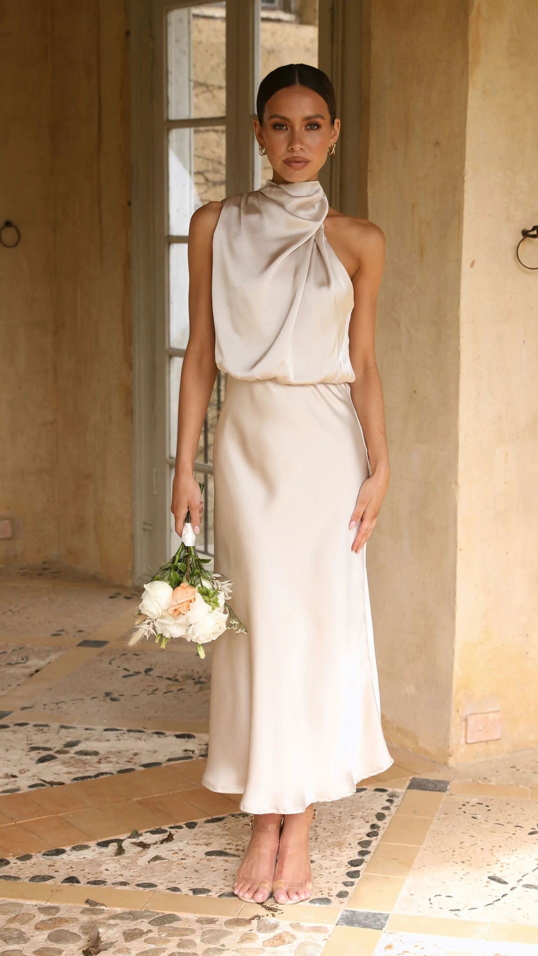 Sleeveless Halter Solid Color Satin Dress Apricot